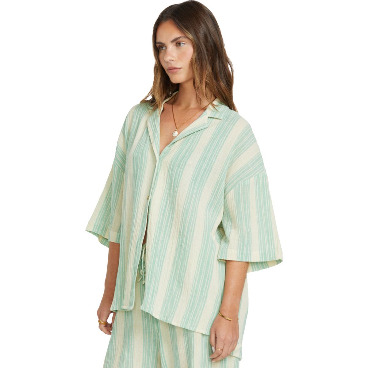 Billabong Women's Beach Side Yarn Dyed Short-Sleeve Woven Top in Island Green - Size: Medium
