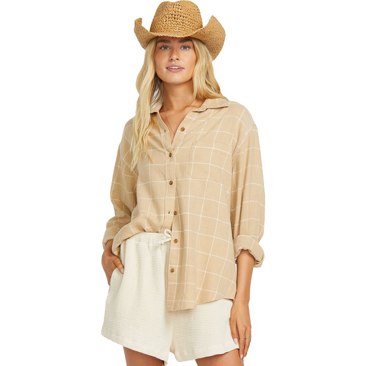 Billabong Women's Layer Up Long-Sleeve Woven Top in Khaki - Size: Large