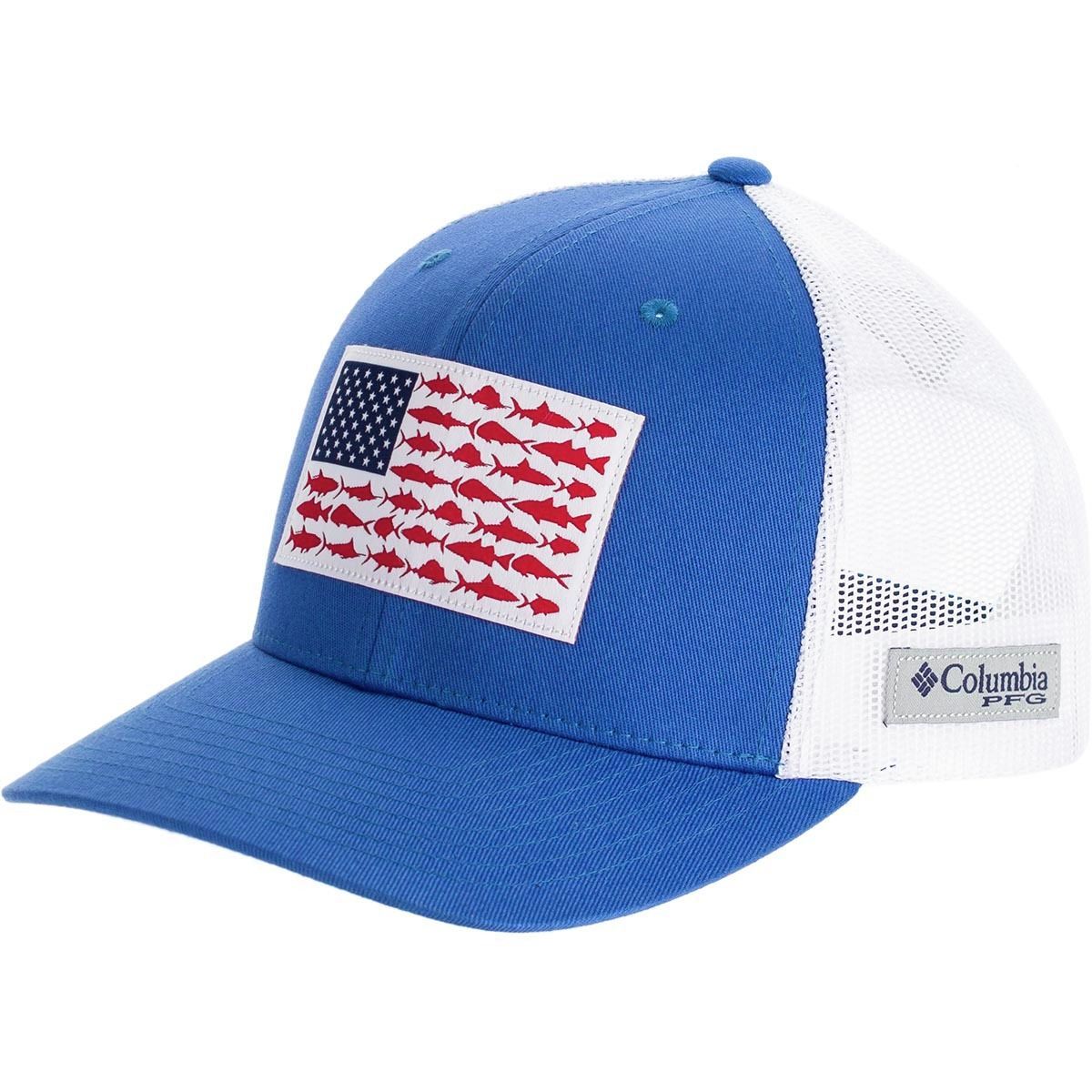 Columbia PFG Mesh Fish Flag Snap Back Trucker Hat in Vivid Blue / White