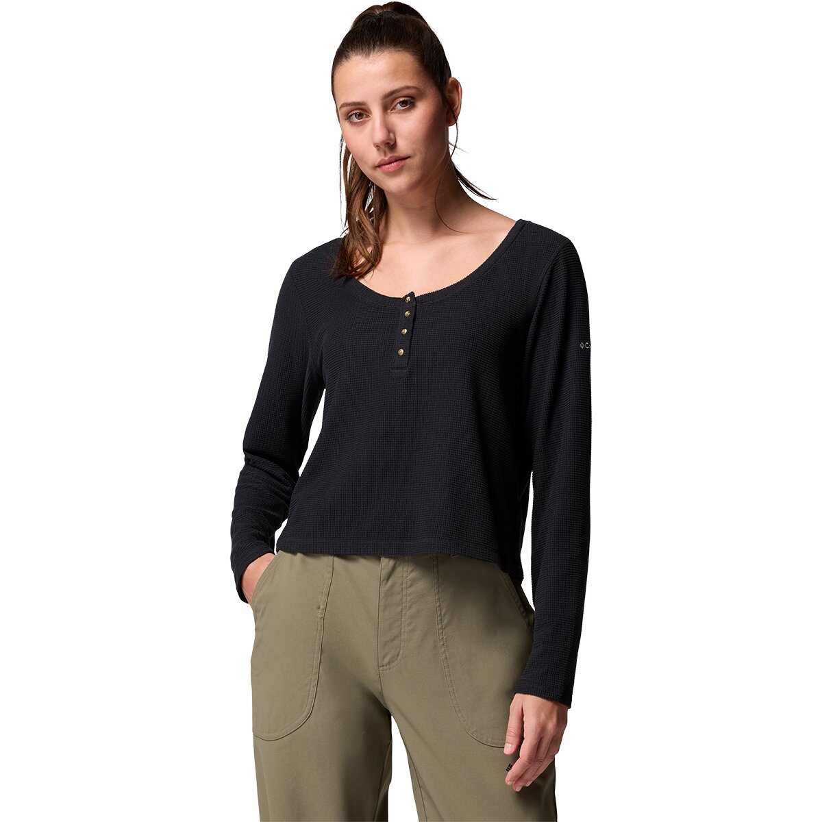 Columbia Women's Brea Falls Grid Long-Sleeve Henley in Black - Size: XL