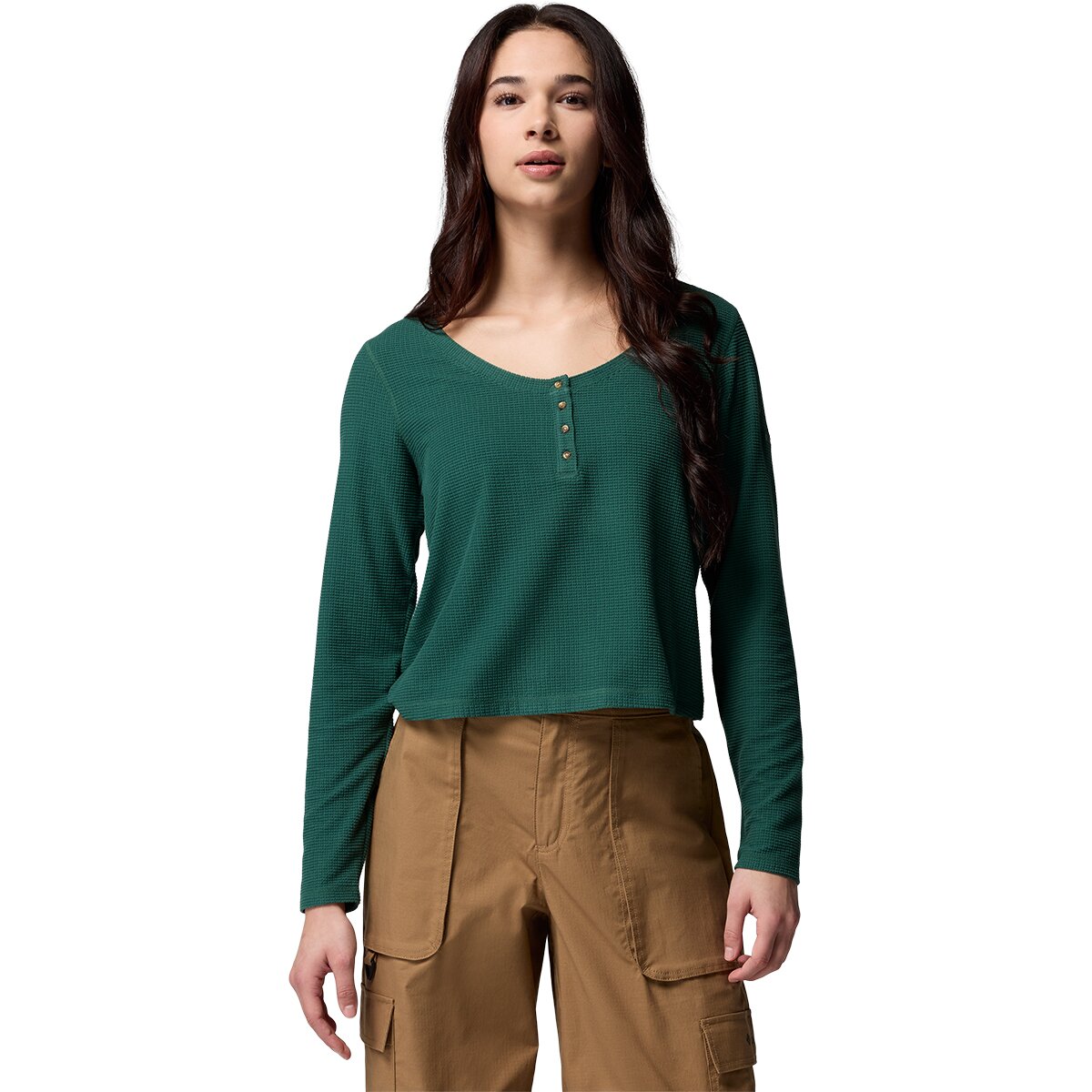 Columbia Women's Brea Falls Grid Long-Sleeve Henley in Rain Forest - Size: Large