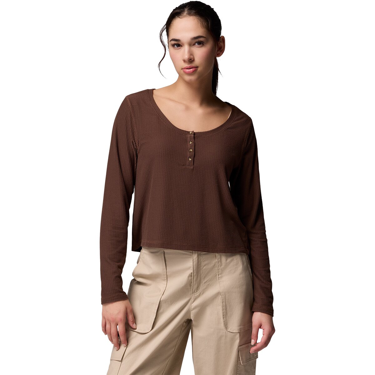 Columbia Women's Brea Falls Grid Long-Sleeve Henley in Tobacco - Size: XL
