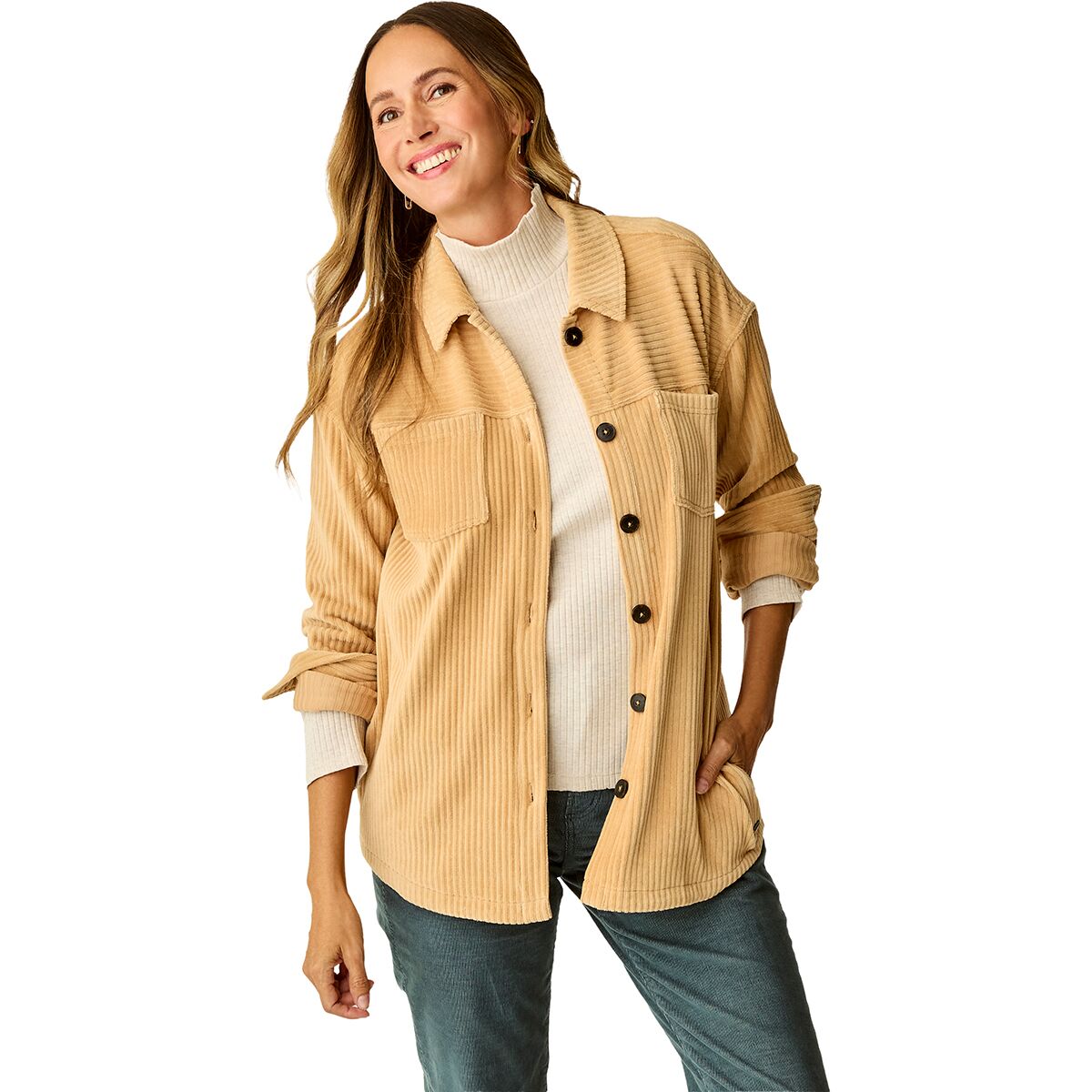 Carve Designs Women's Hudson Stretch Cord Shacket in Camel - Size: Small