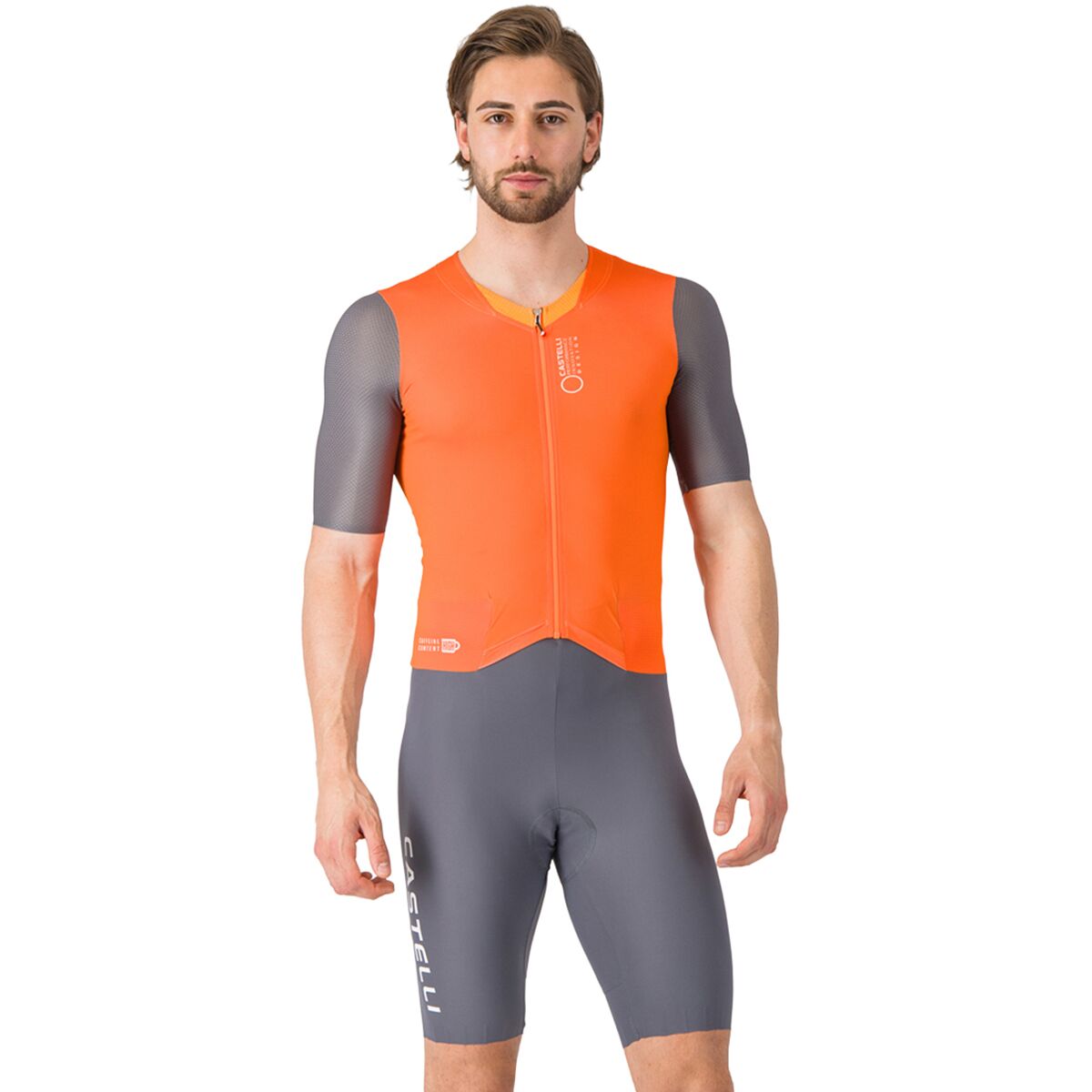 Castelli Men's Saturday Morning Skinsuit in Brilliant Orange / Vivd Orange / Smoky Gray - Size: Medium