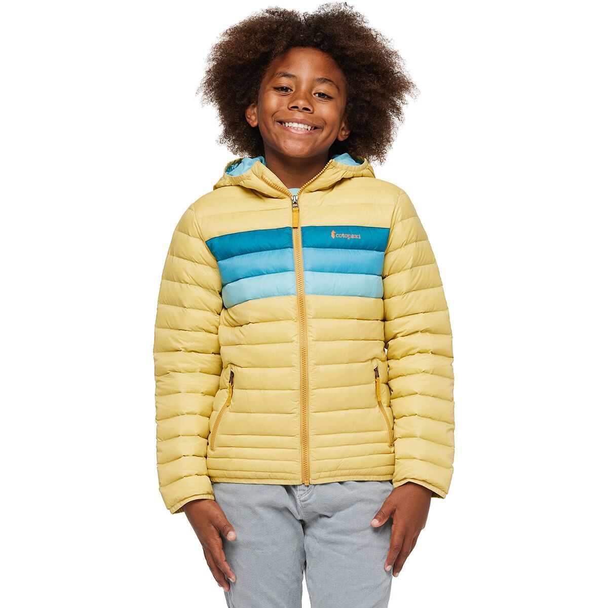Cotopaxi Boy's Fuego Down Hooded Jacket in Wheat Stripes - Size: Large