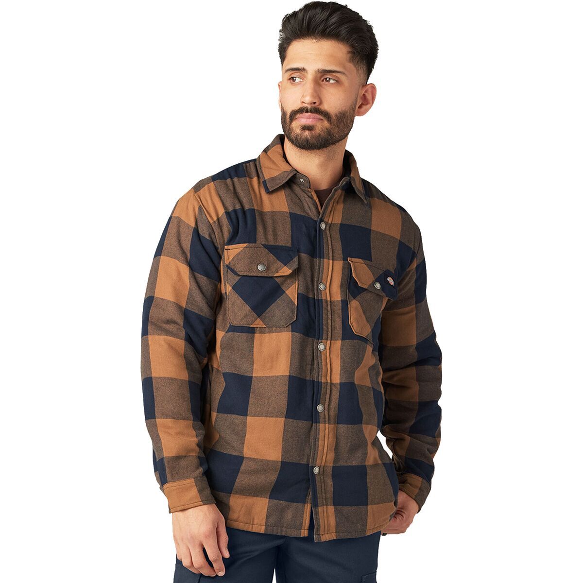 Dickies Men's Sherpa Lined Flannel Shirt in Brown Duck / Dark Navy Buffalo - Size: XXL