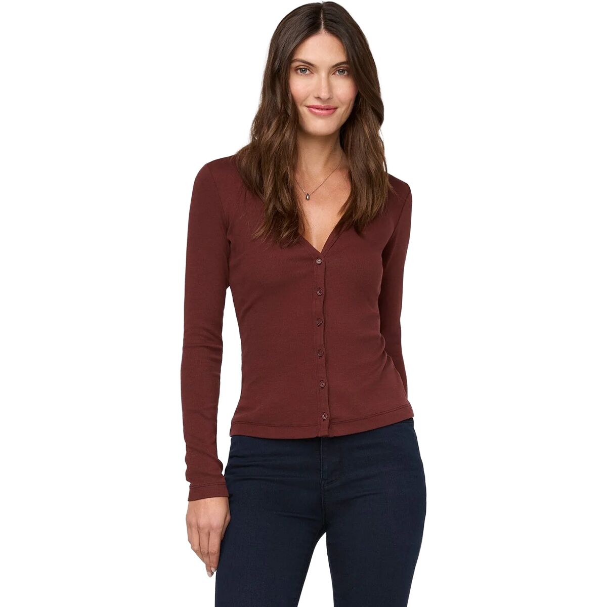 DU/ER DU/ER Women's Ribbed Pima Fitted Button Down Top in Rich Maroon - Size: Small - $44.21 at Steep and Cheap