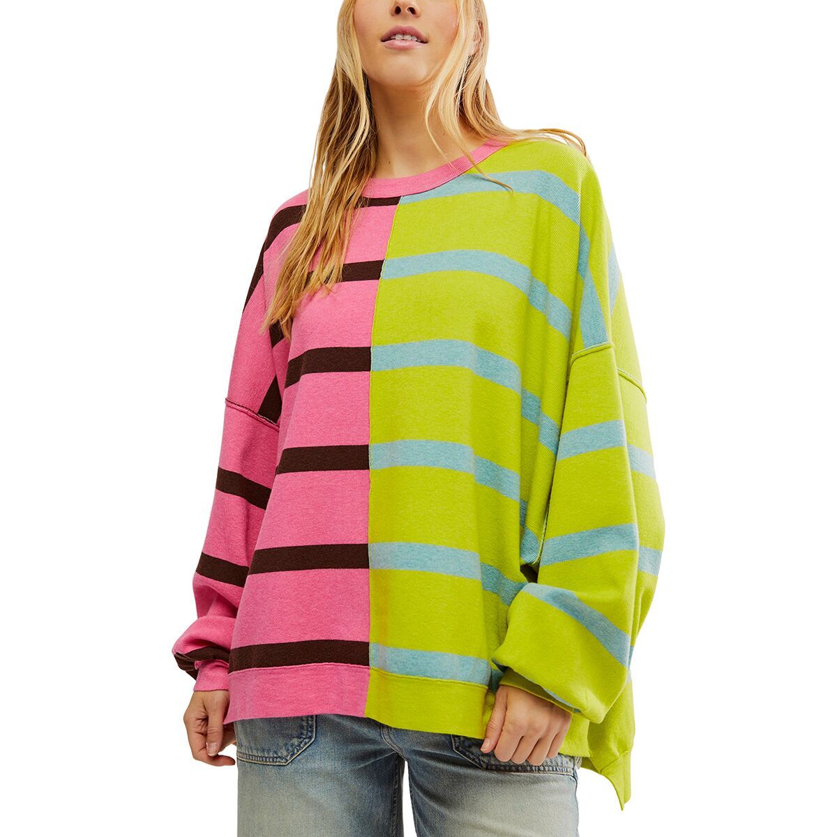 Free People Women's Uptown Stripe Pullover Sweater in Aurora Lime Combo - Size: Medium