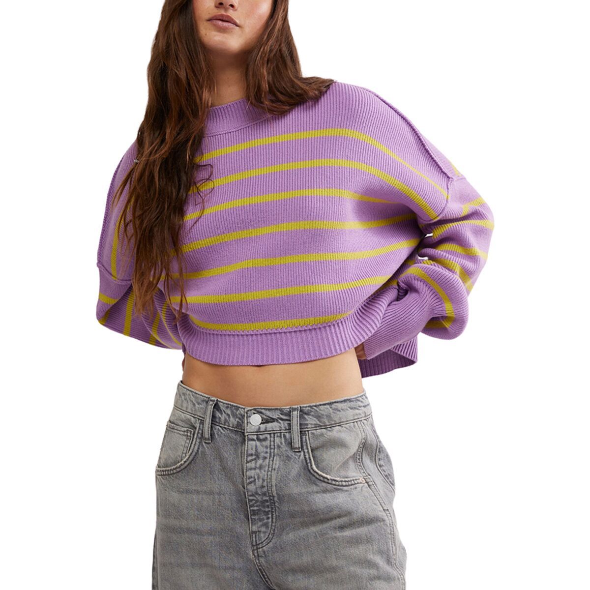 Free People Women's Stripe Easy Street Crop Sweater in Iris Orchid Combo - Size: XL
