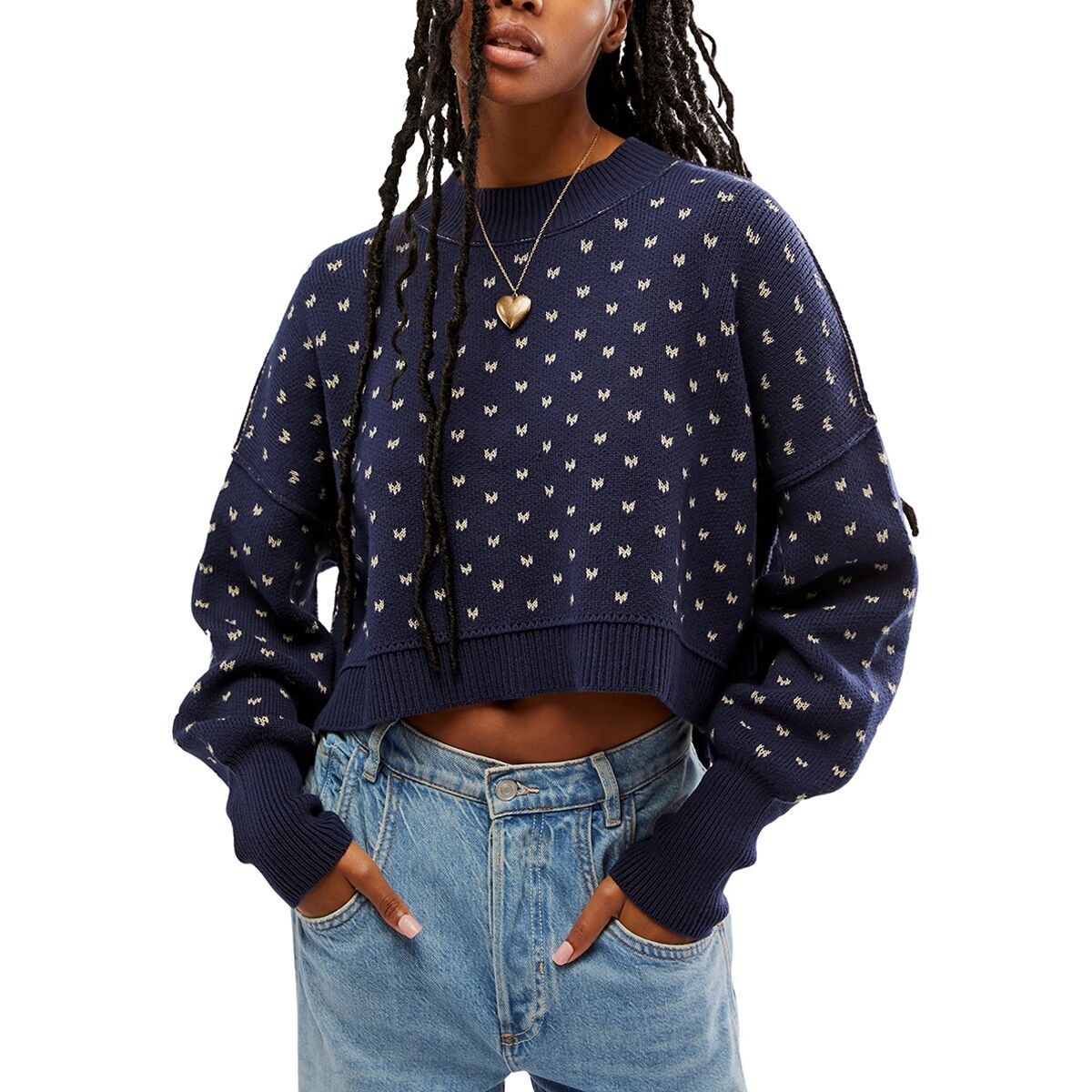 Free People Women's Pattern Easy Street Cropped Sweater in Navy Combo - Size: XL