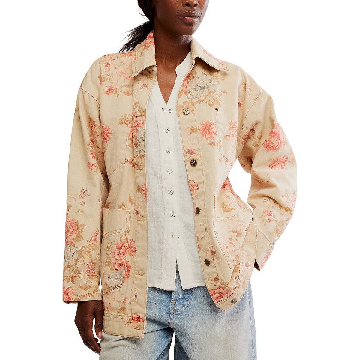Free People Women's Avery Print Denim Jacket in Exploded Floral - Size: Large