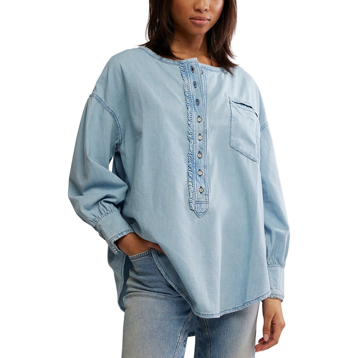 Free People Women's Denim Dreaming Pullover in So Soft Light Wash - Size: XL