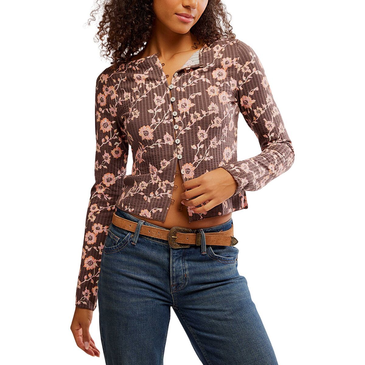 Free People Women's Tilly Print Long-Sleeve Top in French Chocolate Com - Size: Large