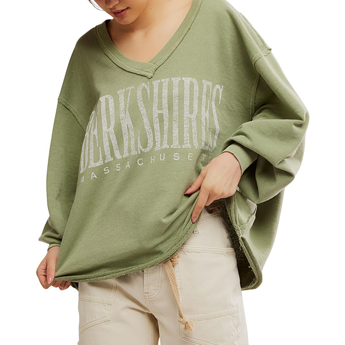 Free People Women's We The Free Venice V Neck Graphic Top in Oil Green Combo - Size: Small