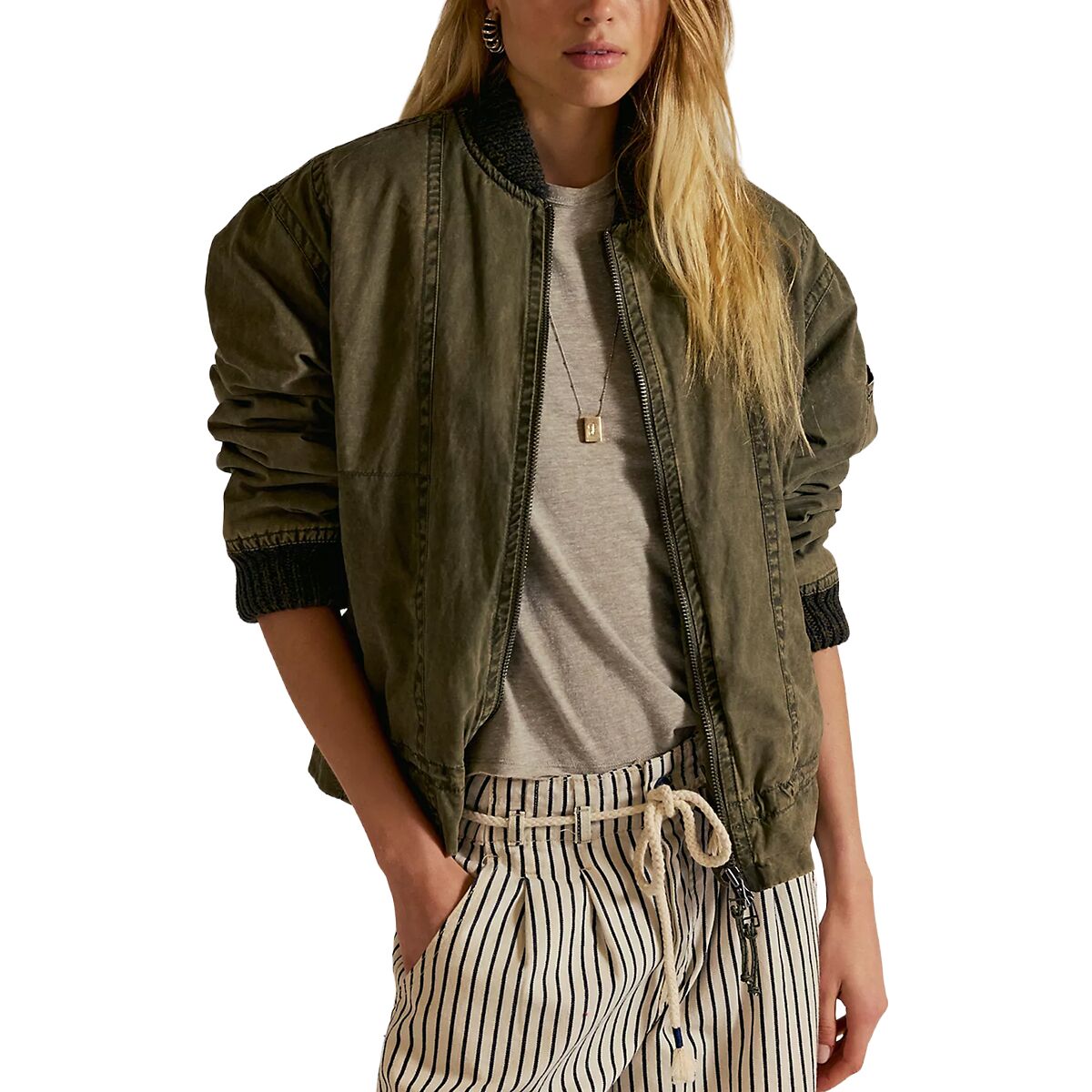Free People Women's Jax Washed Bomber Jacket in Olive - Size: XL