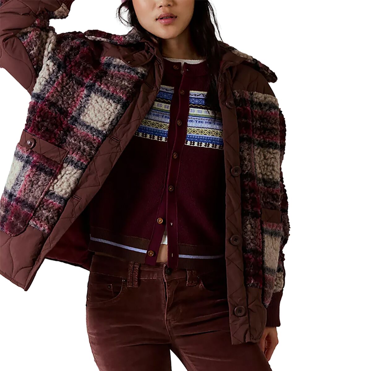 Free People Women's Sana Quilted Bomber Jacket in Pomegranate Combo - Size: Small