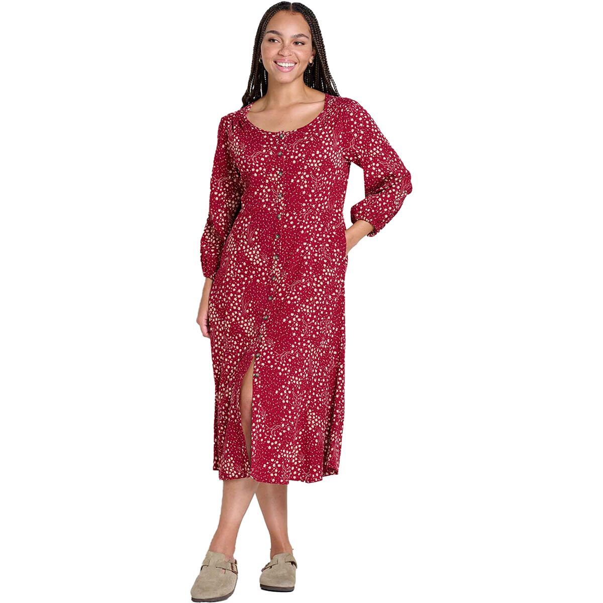 Toad&Co Women's Manzana Paneled Midi Long-Sleeve Dress in Berry Floral Print - Size: Medium