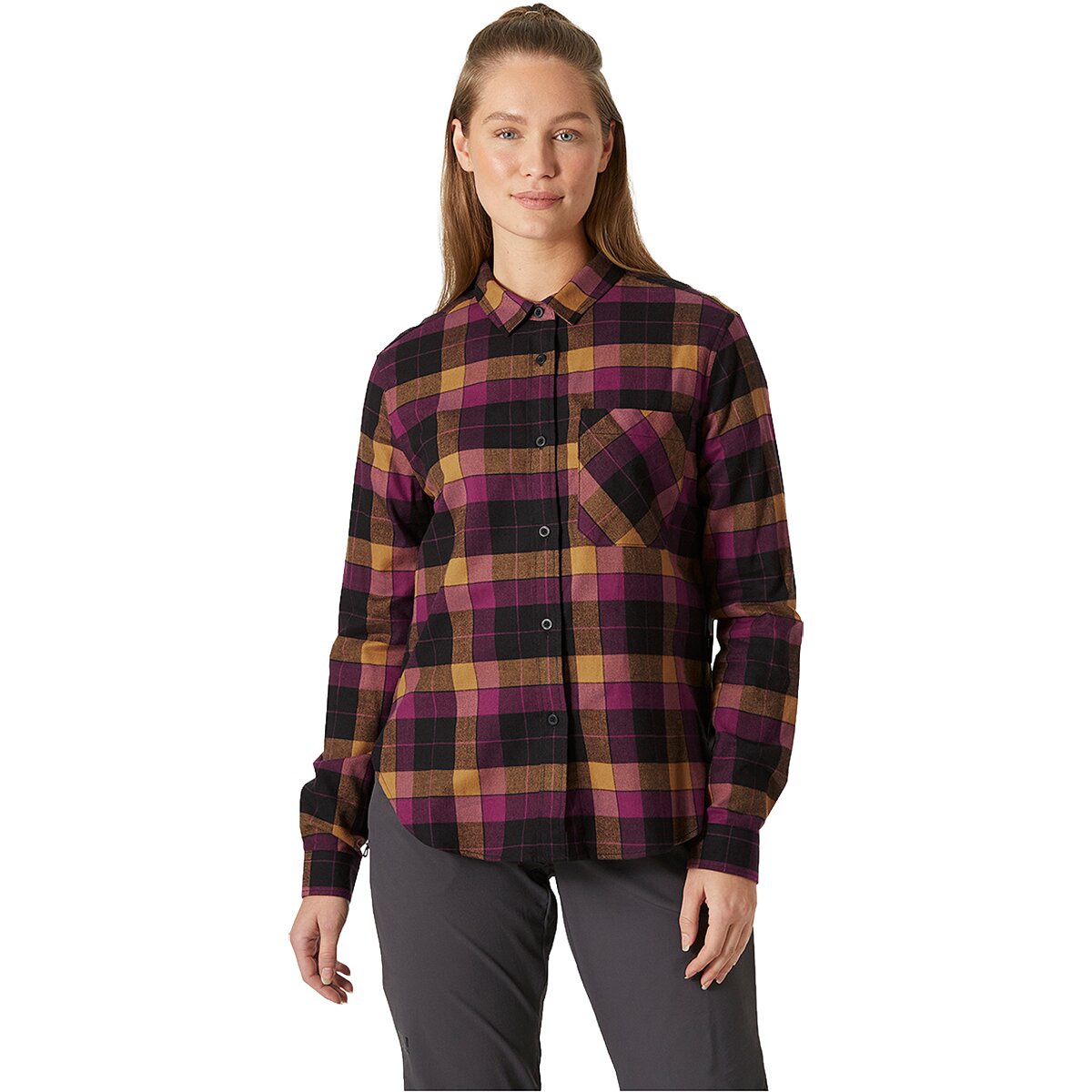 Helly Hansen Women's Lokka Organic Flannel Long-Sleeve Shirt in Dark Magenta Box Stripe Pl - Size: Large
