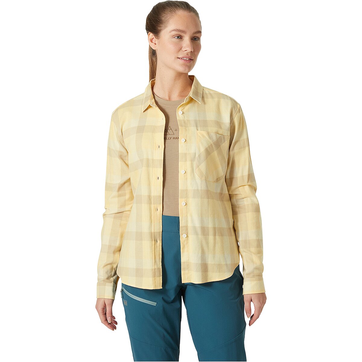 Helly Hansen Women's Lokka Organic Flannel Long-Sleeve Shirt in Yellow Cream Box Stripe Pl - Size: Large