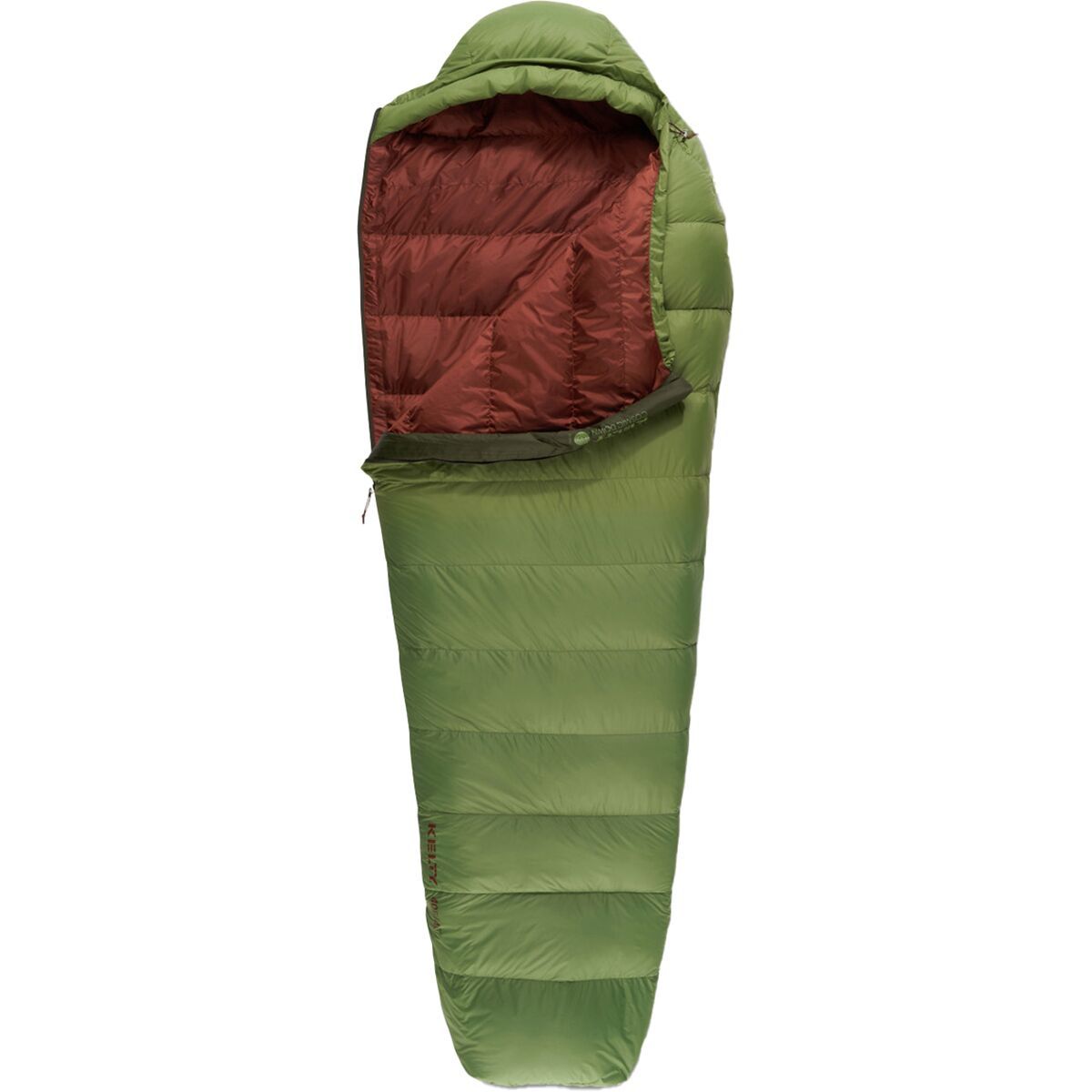 Kelty Cosmic 40 Sleeping Bag: 40F Down in Dill / Duffel Bag / Cherry Mahogany - Size: Regular/Right Zip