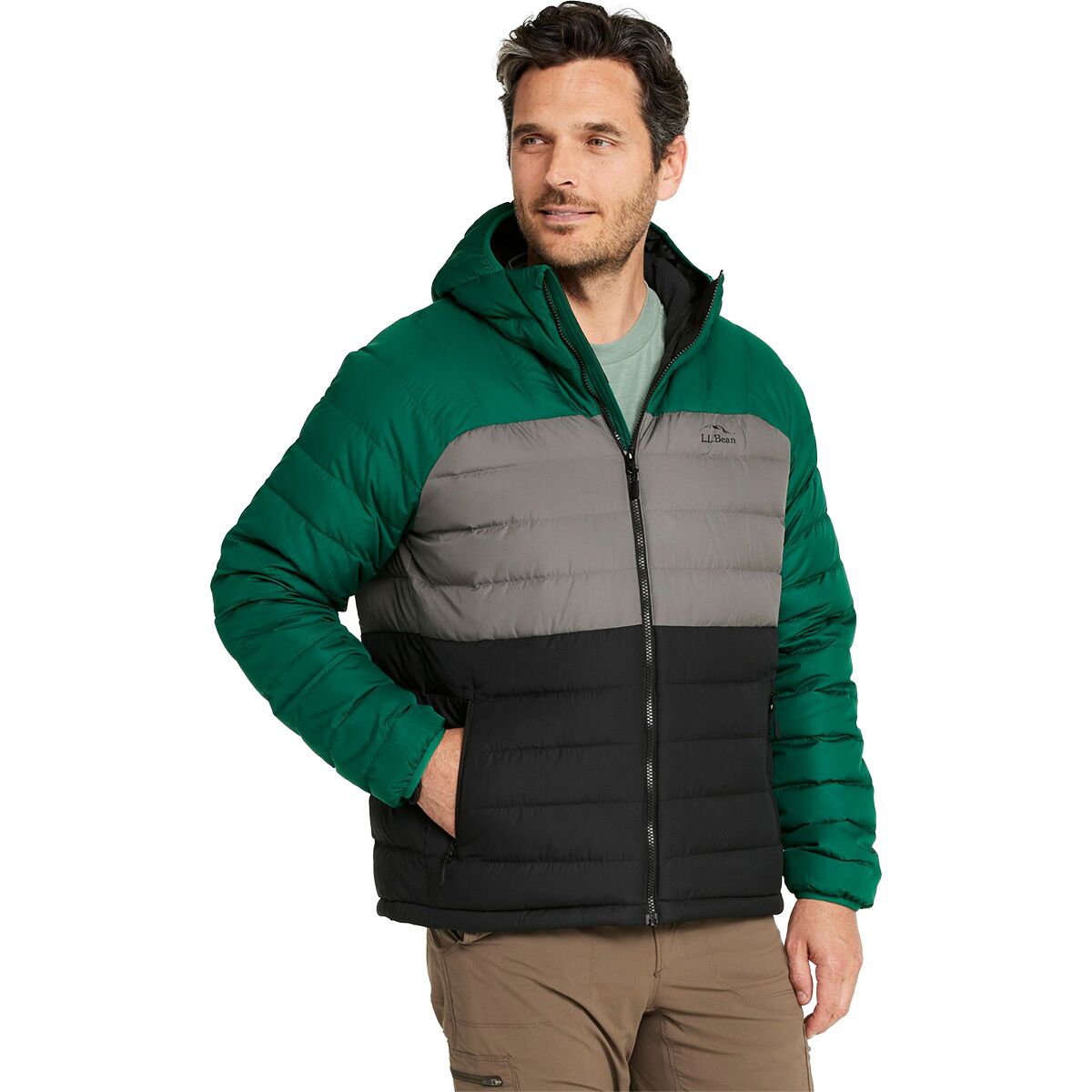 L.L.Bean Men's Bean's Colorblock Down Hooded Jacket in Emerald Spruce / Black - Size: XL