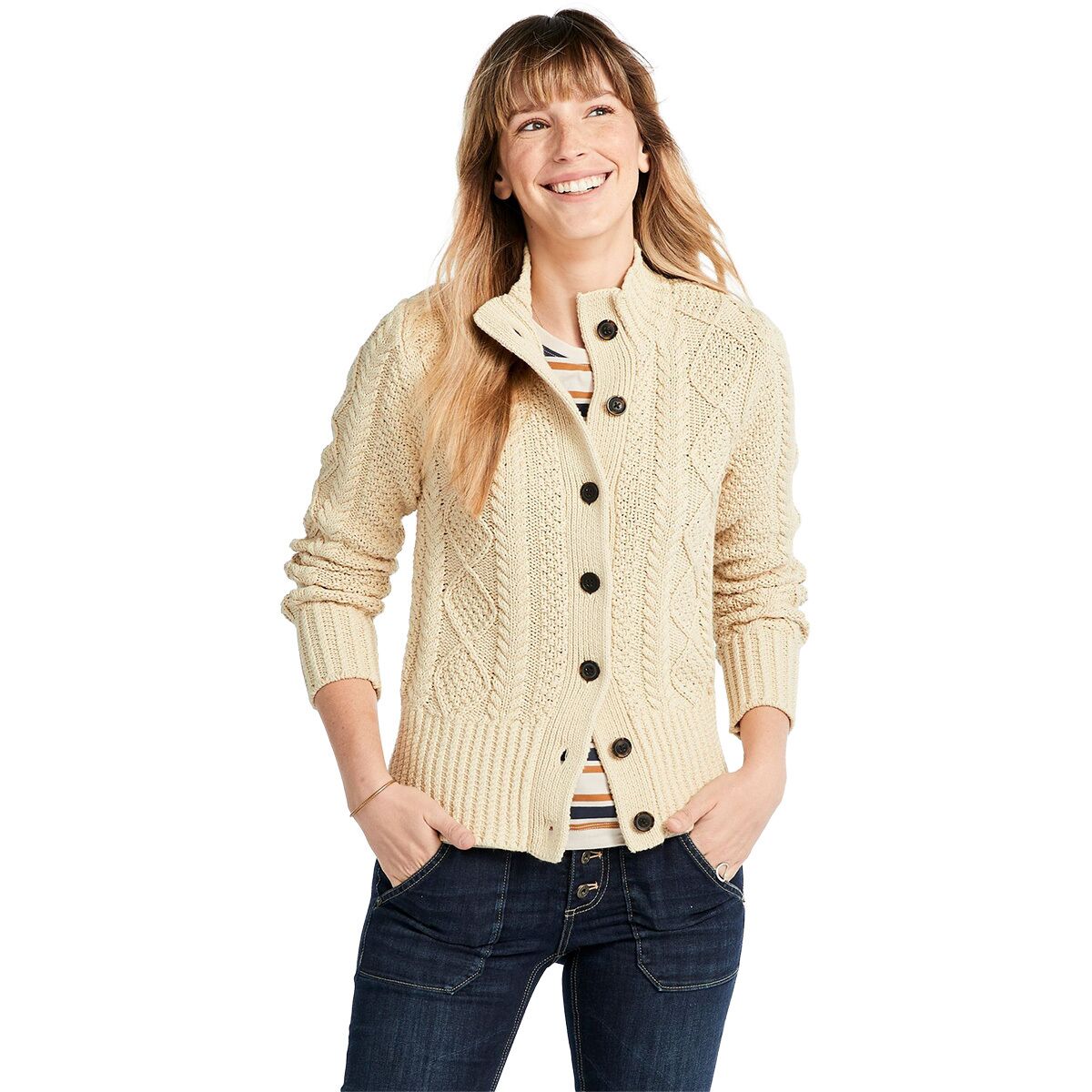 L.L.Bean Women's Signature Cotton Fisherman Button Cardigan in Beige - Size: XL