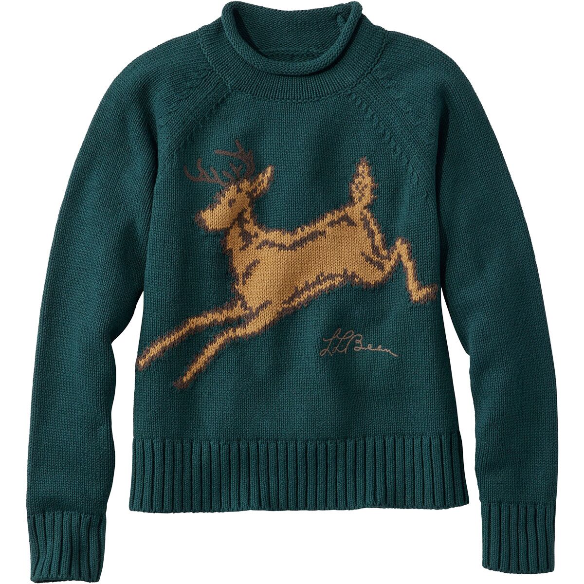 L.L.Bean Women's Signature Original Cotton Rollneck Sweater in Deepest Green Deer - Size: Large