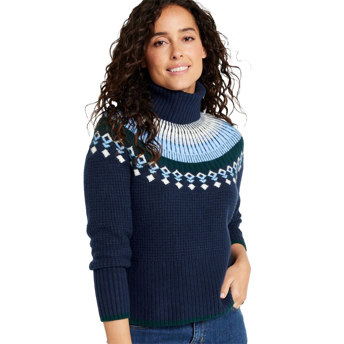 L.L.Bean Women's Supersoft Waffle Fair Isle Turtleneck Sweater in Classic Navy / Mariner Blue Fair Isle - Size: XL