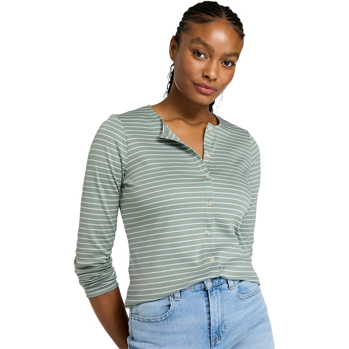 L.L.Bean Women's Pima Button Front Crewneck Stripe Cardigan in Faded Sage / White - Size: Medium