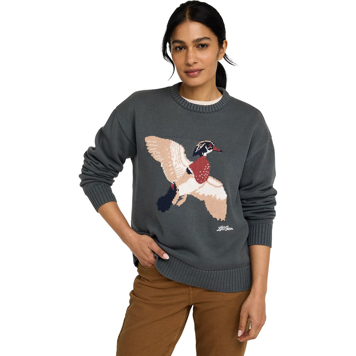 L.L.Bean Women's The Original Double L Crewneck Novelty Sweater in Shadow Green Duck - Size: XS