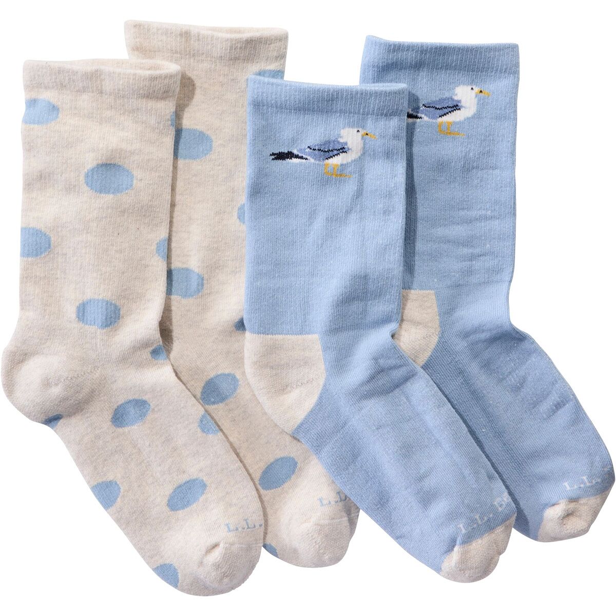 L.L.Bean Wicked Soft Cotton Novelty Sock - 2-Pack in Sea Salt Polka Dot / Seaboard Blue Seagull - Size: Large