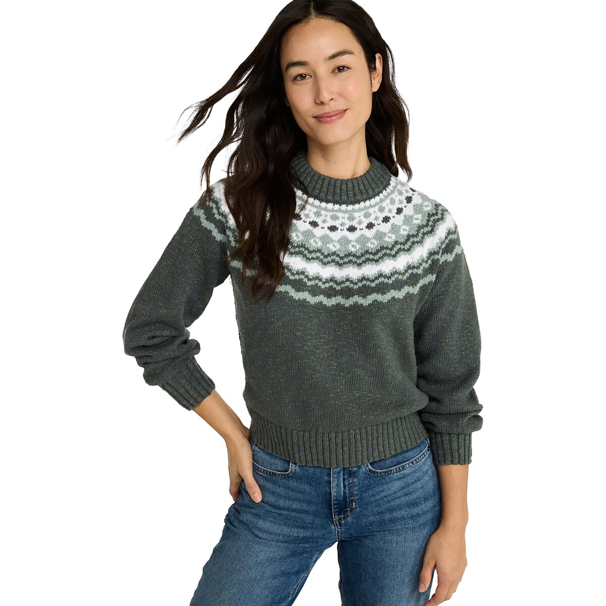 L.L.Bean Cotton Ragg Relaxed Yoke Fair Isle Crewneck Sweater -Women's in Thyme Fair Isle - Size: Small