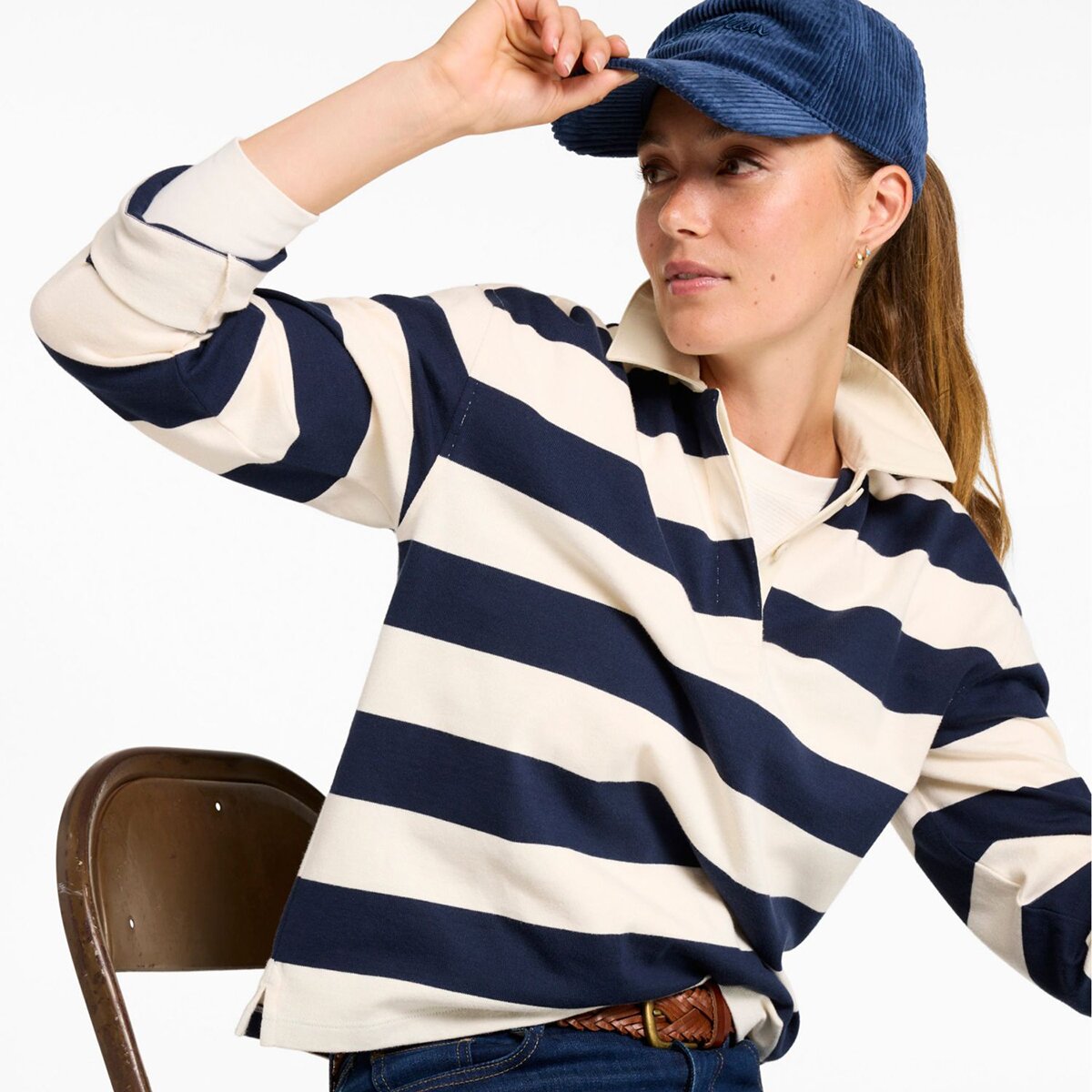 L.L.Bean Women's Mountain Classic Rugby Stripe Long-Sleeve Top in Classic Navy / Cream - Size: XS