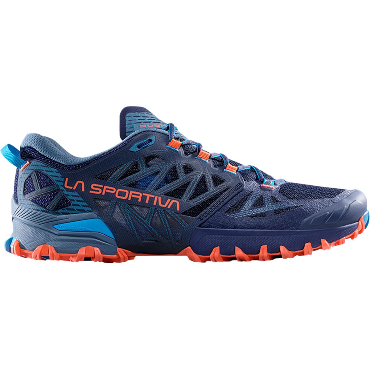 La Sportiva Men's Bushido III Wide Trail Running Shoe in Deep Sea / Cherry Tomato W - Size: