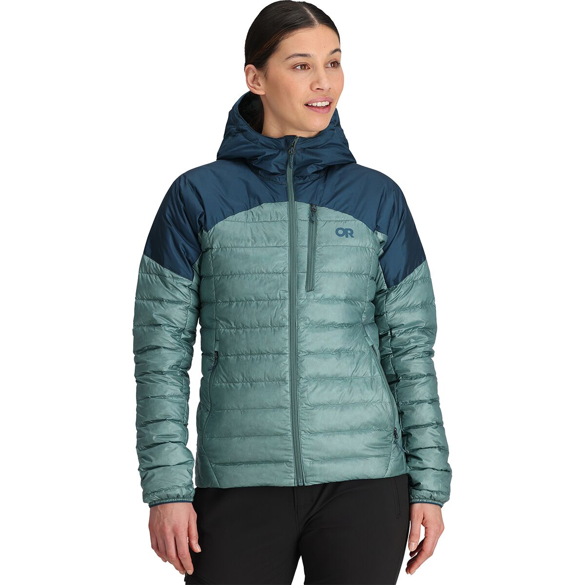 Outdoor Research Women's Helium Down Hooded Jacket in Neptune / Harbor - Size: Small