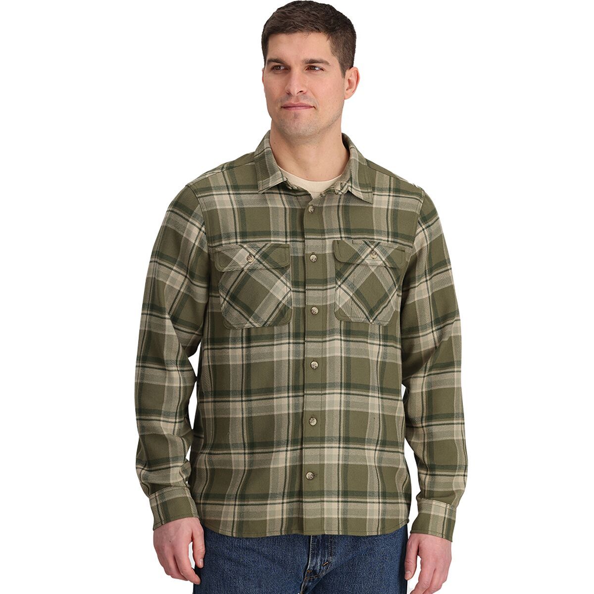Outdoor Research Men's Feedback Flannel Twill Shirt in Ranger Green Plaid - Size: Medium