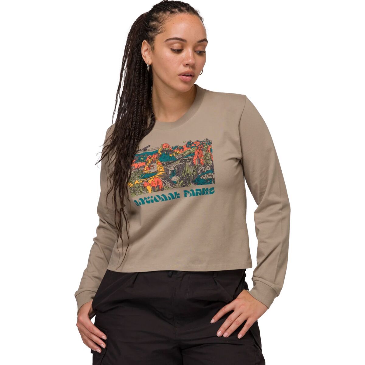 Parks Project Women's National Parks Collage Boxy Long-Sleeve T-Shirt in Mushroom Grey - Size: XS