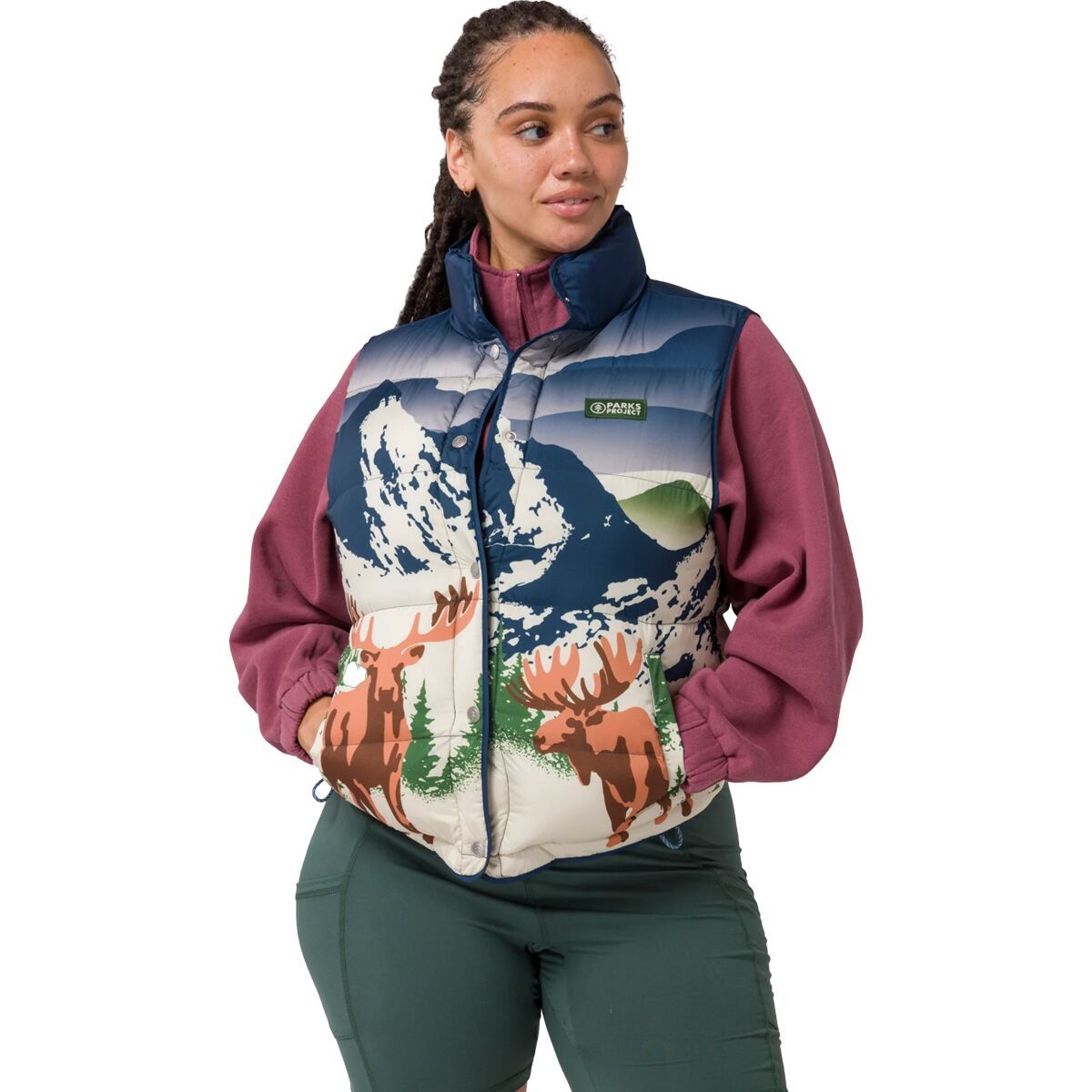 Parks Project Women's Wild Moose Cropped Puffer Vest in Multi - Size: Large