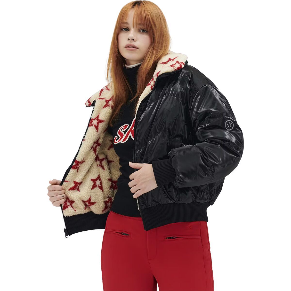 Perfect Moment Women's Reversible Metallic Shearling Jacket in Black Liquid - Size: Large