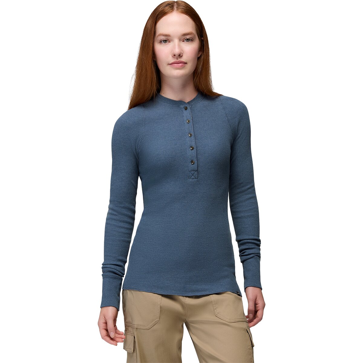 prAna Women's Touchstone Long-Sleeve Henley Shirt in Bluff Blue Heather - Size: Small