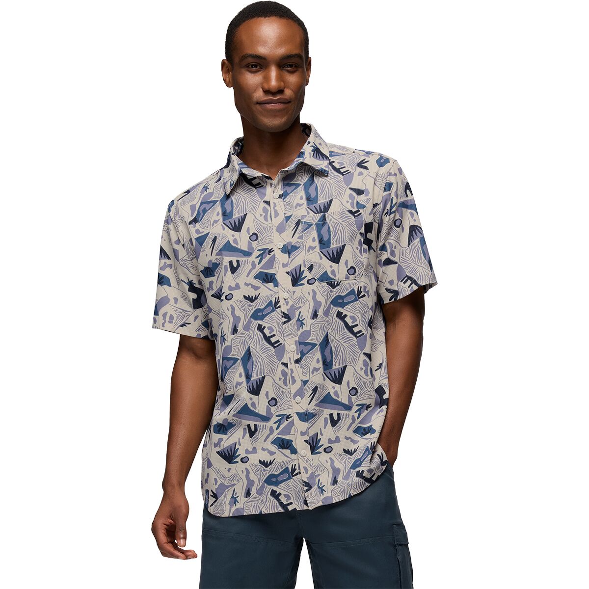 prAna Men's Hybridizer Short-Sleeve Shirt in Beach Pebble Watershed - Size: XXL