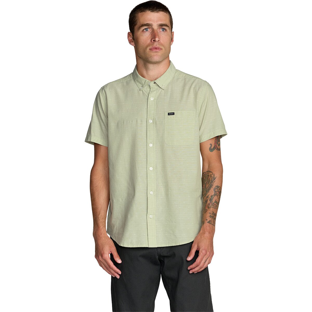 RVCA Men's That'll Do Dobby Short-Sleeve Shirt in Laurel Green - Size: Small