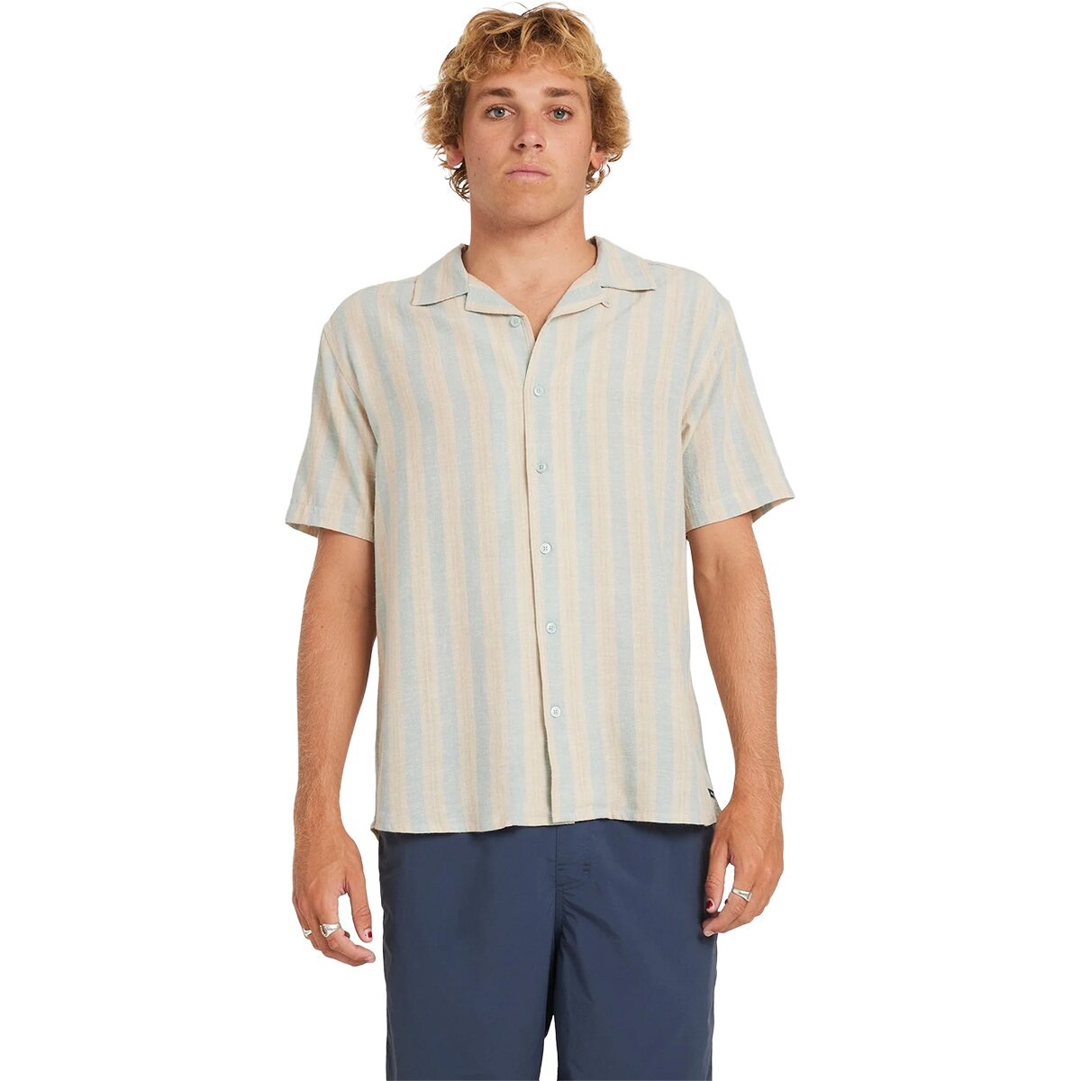 RVCA Men's Beat Stripe Short-Sleeve Shirt in Chambray - Size: Medium