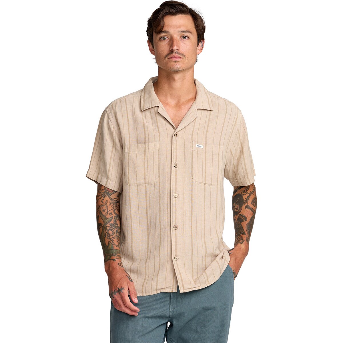 RVCA Men's Exotica Stripe Shirt in Light Khaki - Size: Small
