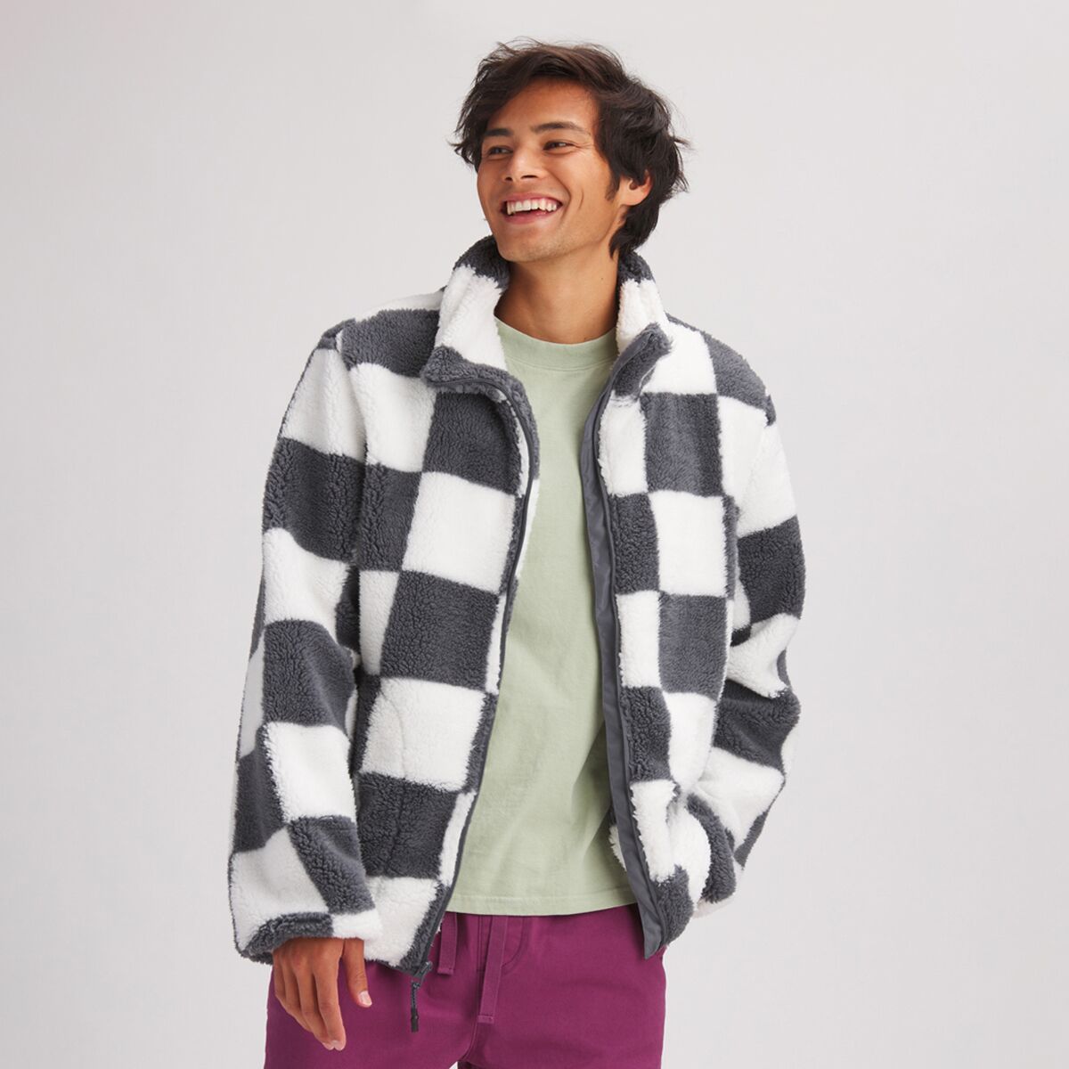 Stoic Men's MTN Checker Sherpa Full-Zip Jacket in Grey Checker - Size: Large