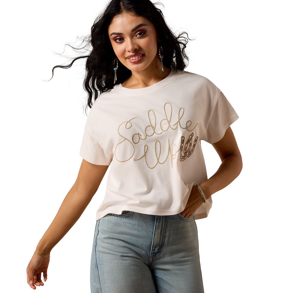 Women's Saddle Up T-Shirt in Sea Salt Cotton/Elastane, Size: XL by Ariat