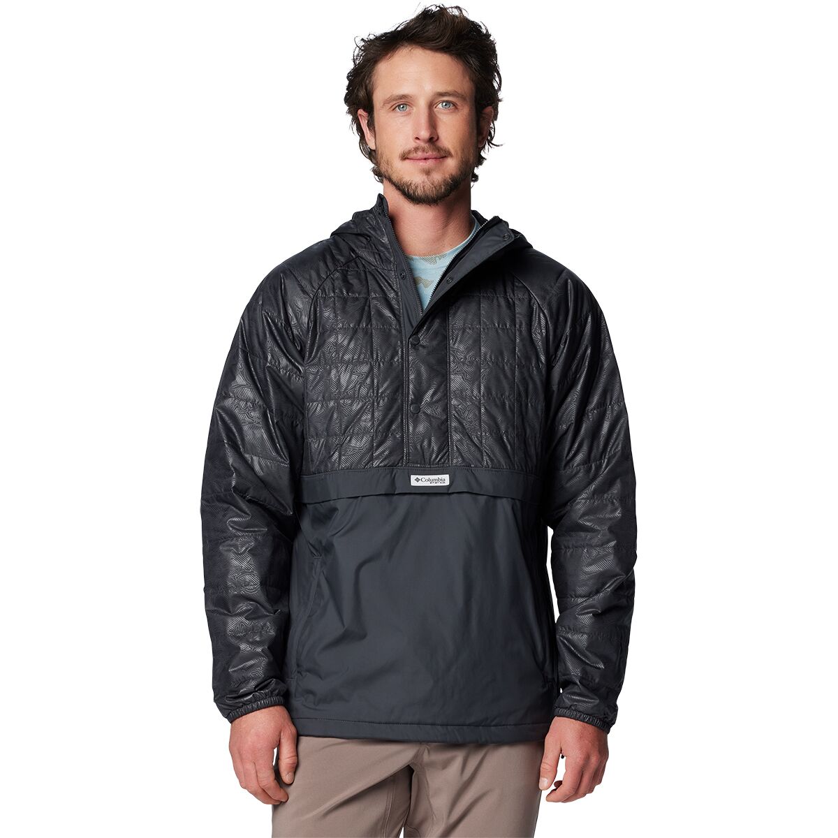 Columbia PFG Uncharted Insulated Anorak Hooded Pullover for Men - Shark/Uncharted Waters Emboss