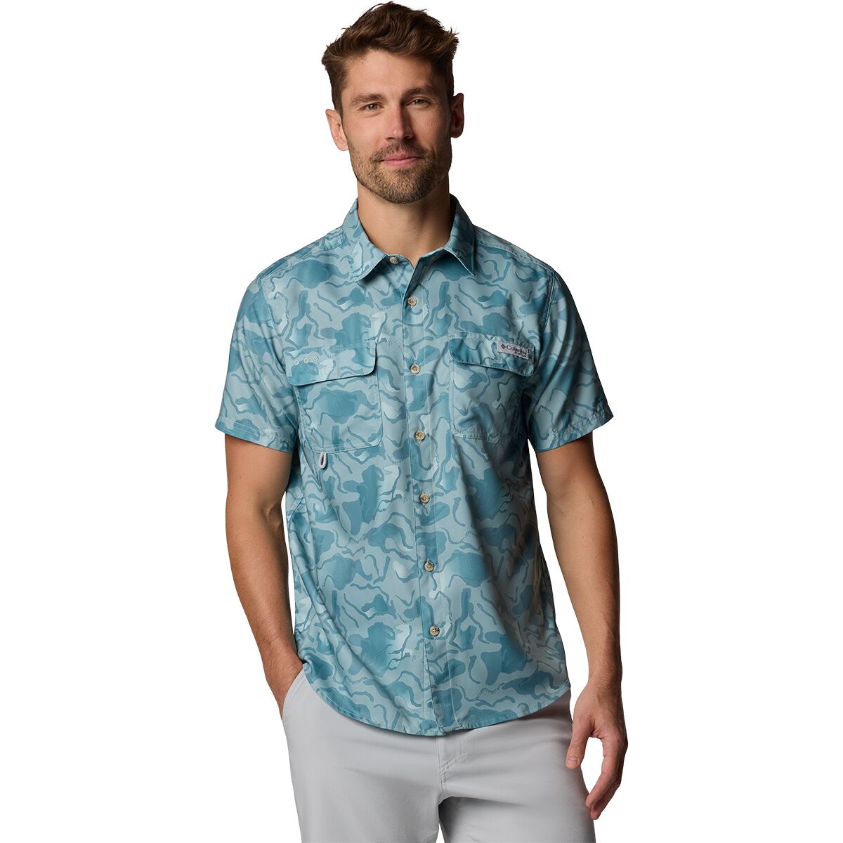 Columbia Men's PFG Uncharted Printed Short-Sleeve Shirt in Crushed Blue Swamplands - Size: Small