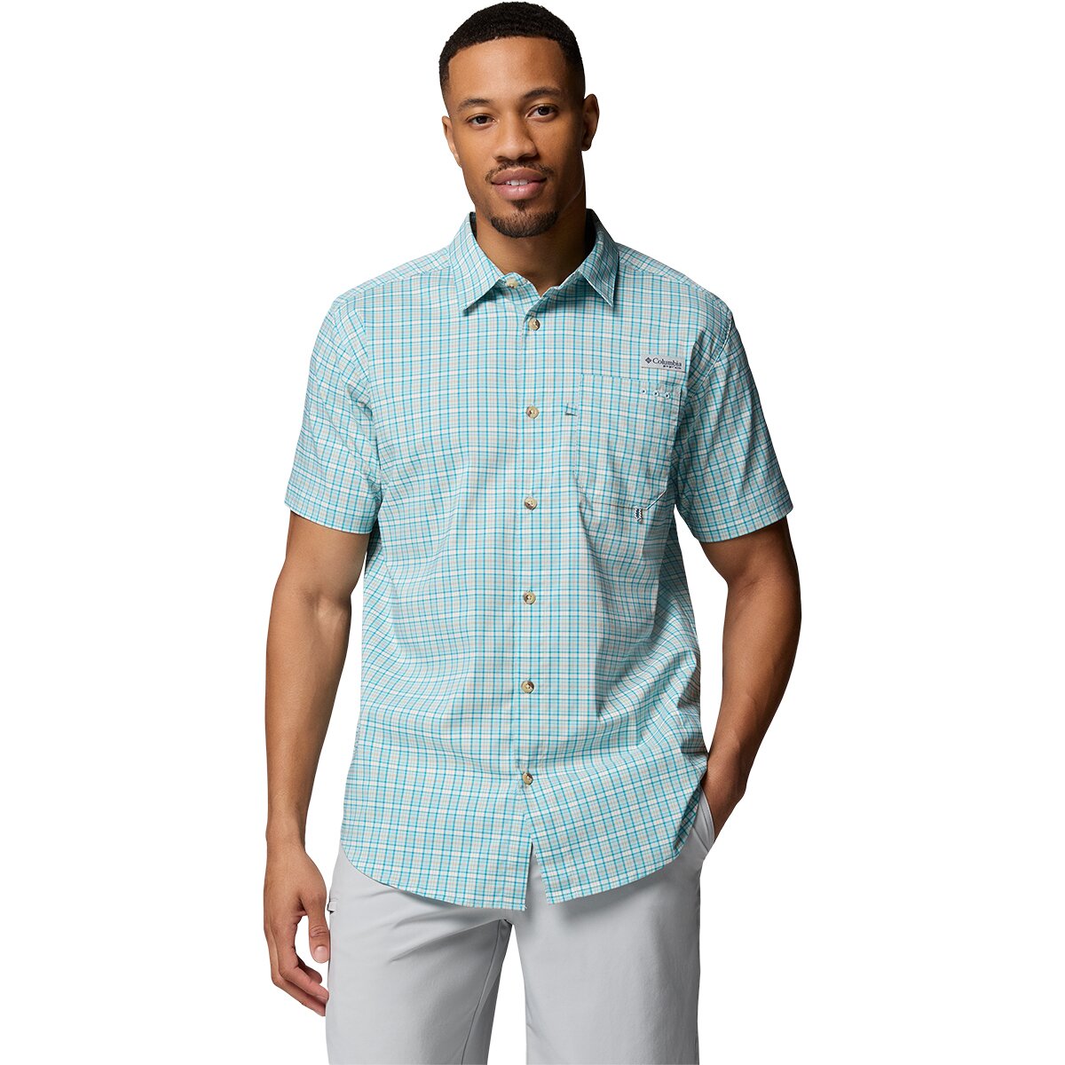 Columbia Men's Harbor Peak Short-Sleeve Shirt in Marine Light Offshore Tartan - Size: Small