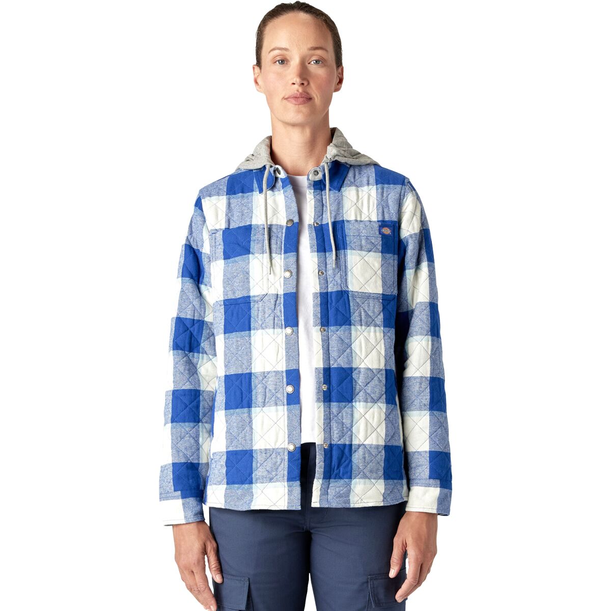 Dickies Women's Hooded Flannel Shirt Jacket in Surf Blue Campside Plaid - Size: XS